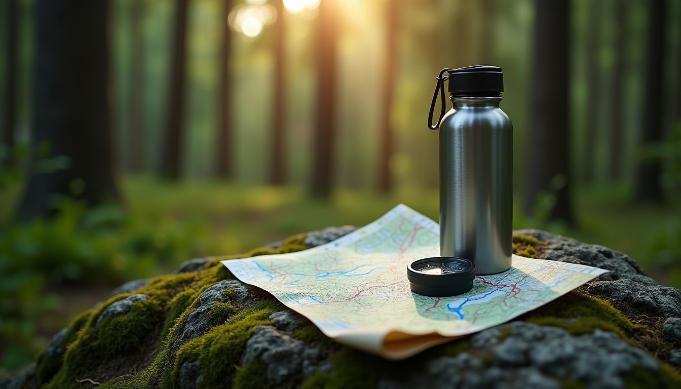 A hiker checking a map and water bottle at a forest trailhead in golden morning light through deep green pines — day hike planning guide