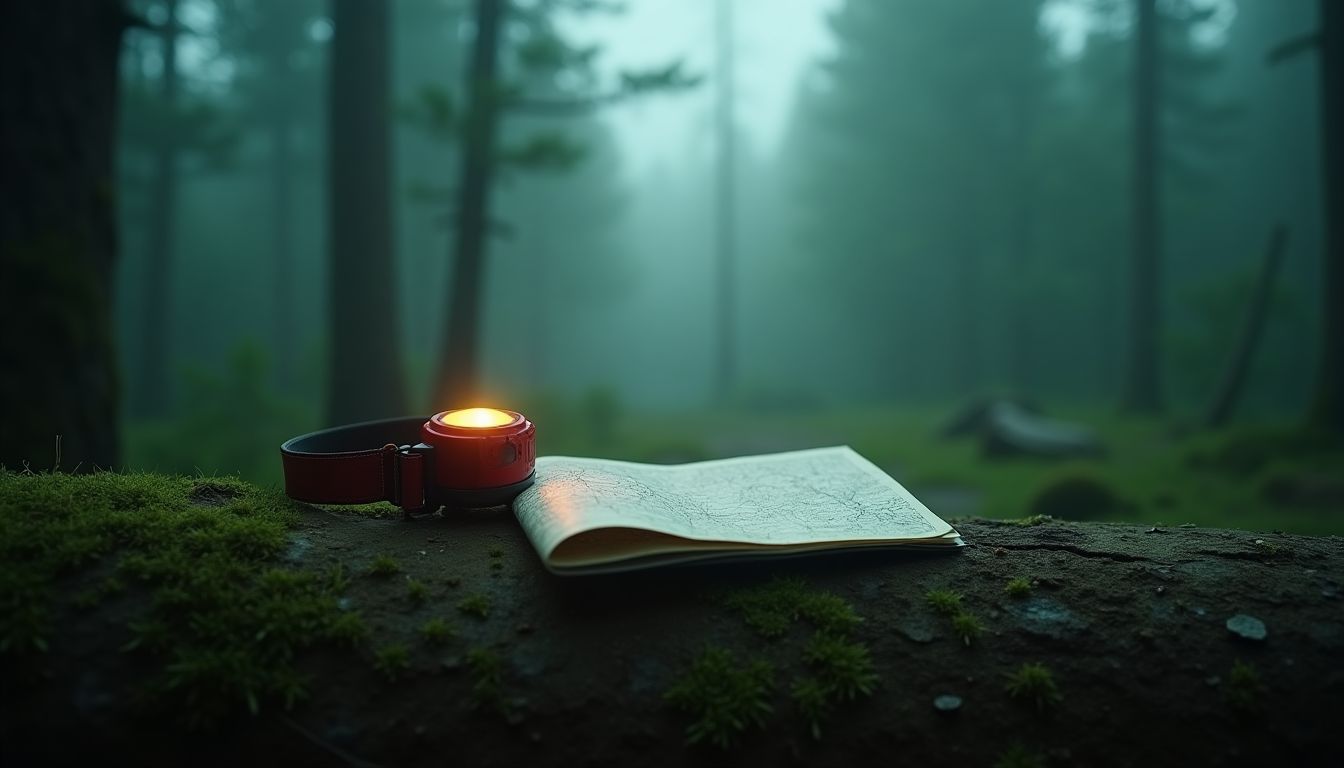 A headlamp, first-aid kit and folded map laid on a mossy log in a misty pine forest with soft green light — outdoor safety guide