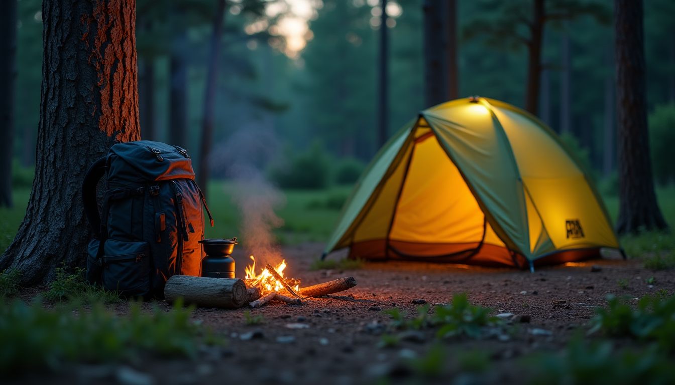 A loaded hiking pack leaning against a tent at a forest campsite, camp stove and food bags ready in warm evening light — trip and camp preparation guide